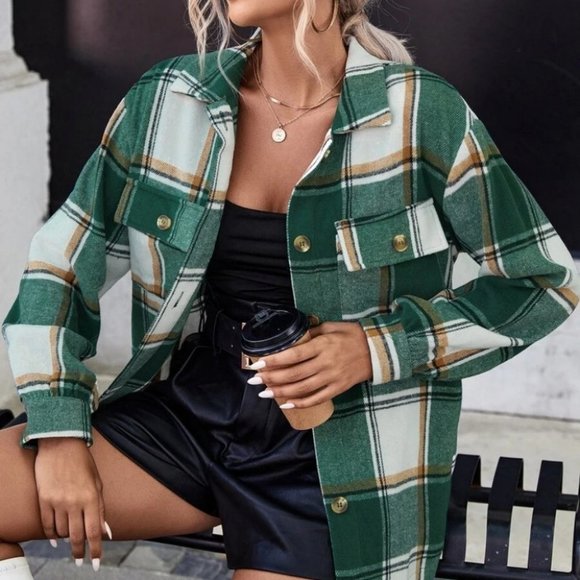 . Jackets & Blazers - Comfy Plaid Print Flap Pocket Overcoat Jacket Shacket Coat